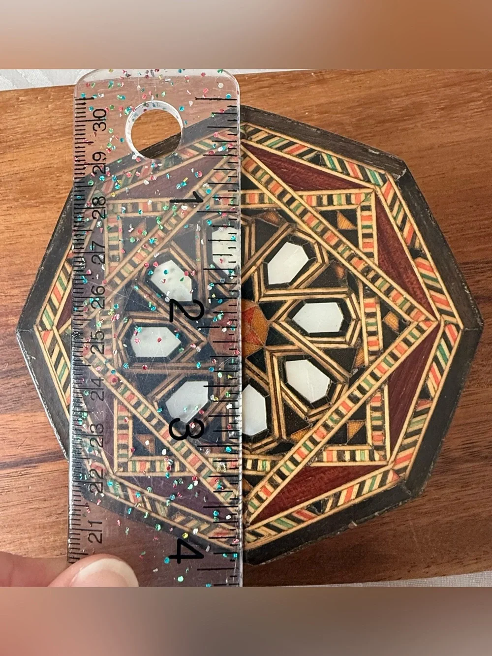 VTG Inlay Wooden Trinket Box MOP Mosaic Jewelry Octagonal